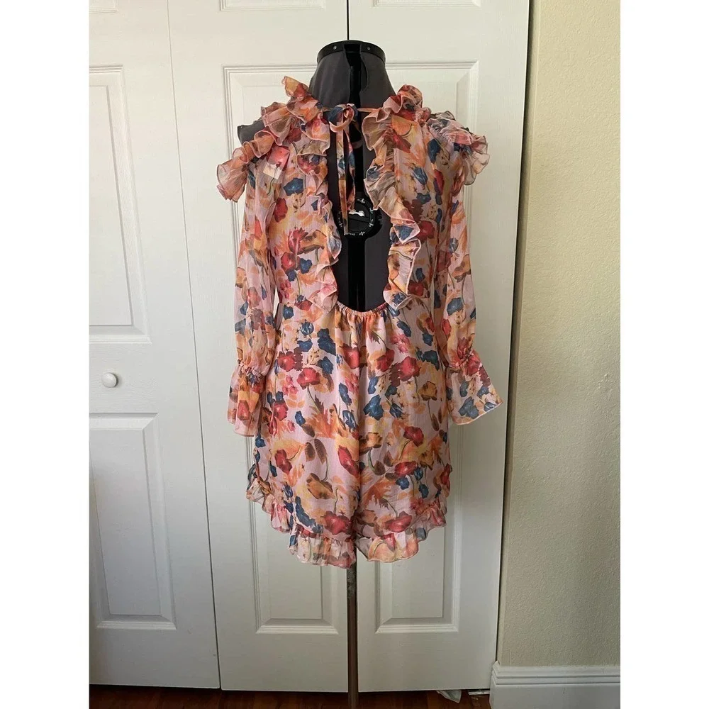 Aqua Pink Floral Cold Shoulder Butterfly Ruffle Open Back Romper • Size M 🗣